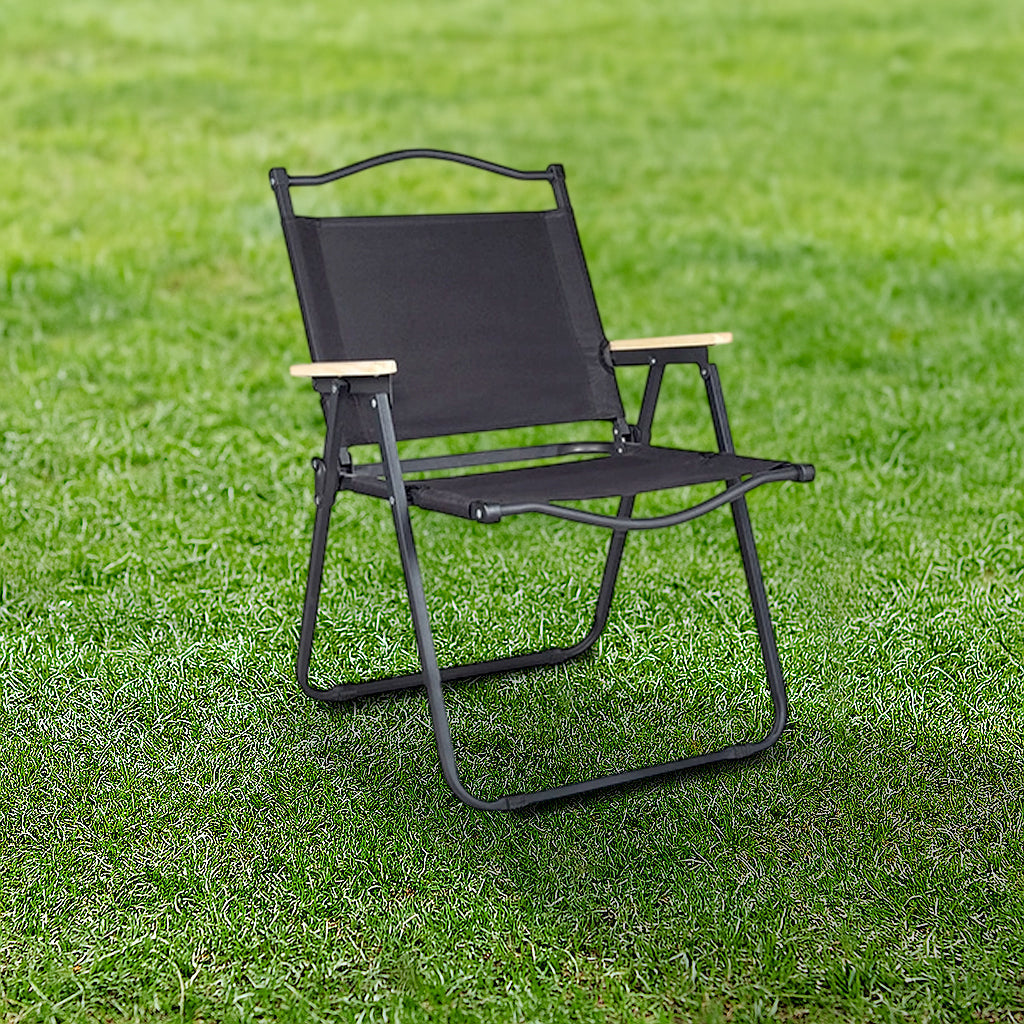 Silla de Camping Exterior Rectangular Minimalista Moderna de Acero al Carbono, Material de Aluminio, Madera de Haya, Tela Oxford, PET, Plegable, Portátil, Desmontable con Respaldo y Descansabrazos para el Jardín | Brehn