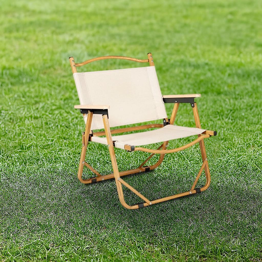 Silla de Camping Exterior Rectangular Minimalista Moderna de Acero al Carbono, Material de Aluminio, Madera de Haya, Tela Oxford, PET, Plegable, Portátil, Desmontable con Respaldo y Descansabrazos para el Jardín | Brehn