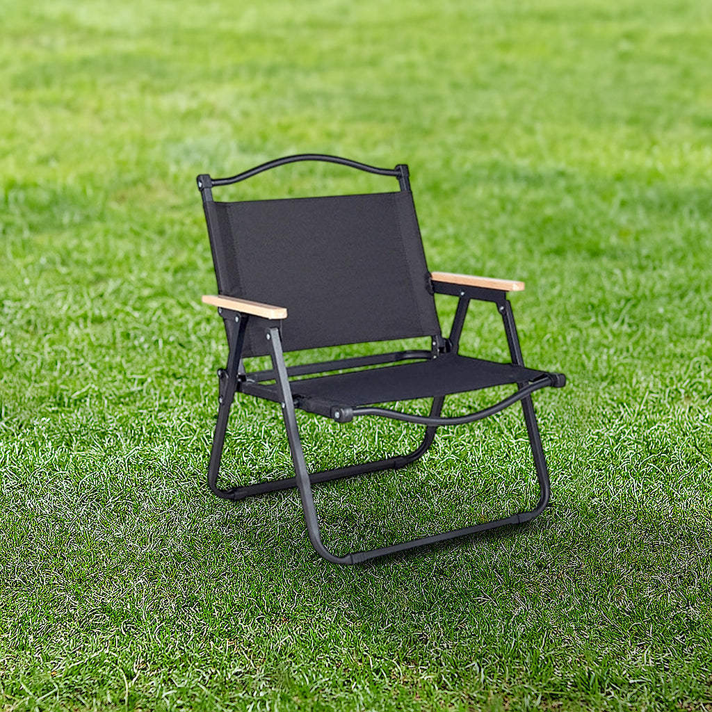 Silla de Camping Exterior Rectangular Minimalista Moderna de Acero al Carbono, Material de Aluminio, Madera de Haya, Tela Oxford, PET, Plegable, Portátil, Desmontable con Respaldo y Descansabrazos para el Jardín | Brehn