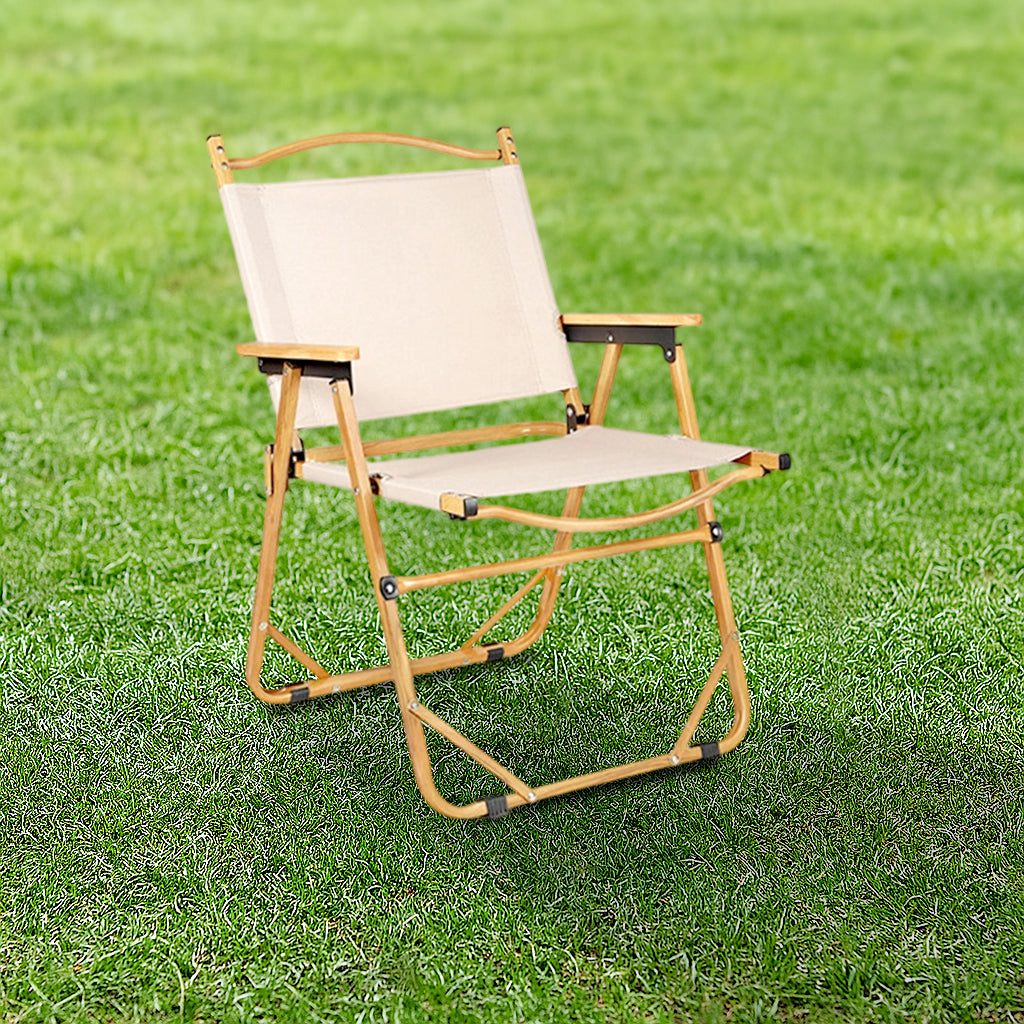 Silla de Camping Exterior Rectangular Minimalista Moderna de Acero al Carbono, Material de Aluminio, Madera de Haya, Tela Oxford, PET, Plegable, Portátil, Desmontable con Respaldo y Descansabrazos para el Jardín | Brehn