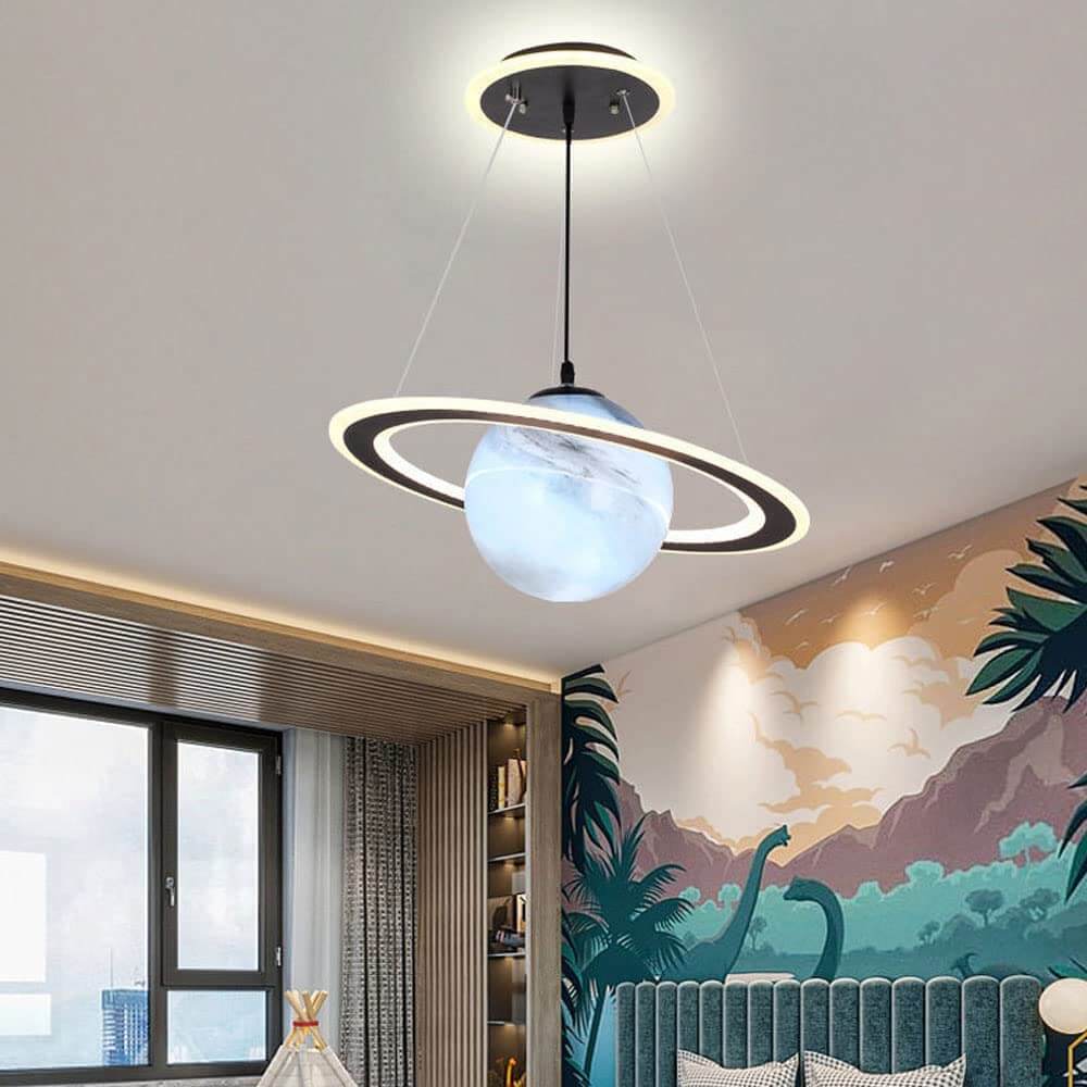 Lámpara colgante LED para niños con motivo planetario + iluminación eficiente + metal y acrílico + opciones de color: azul y naranja