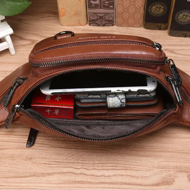 Kalsten | Mochila de Cintura de Cuero de Vaca Genuino para Hombres – Riñonera de Gran Capacidad, Bolsa de Viaje de Cintura y Cruzada