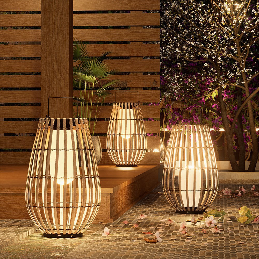 Lámpara de Suelo Solar de Rattan para Exteriores | Decoración de Iluminación para Patio y Jardín a Mano