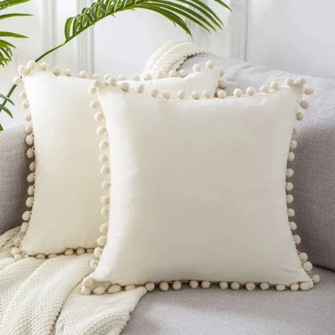 Cojín Decorativo con Flecos de Pom-Pom Bohemio