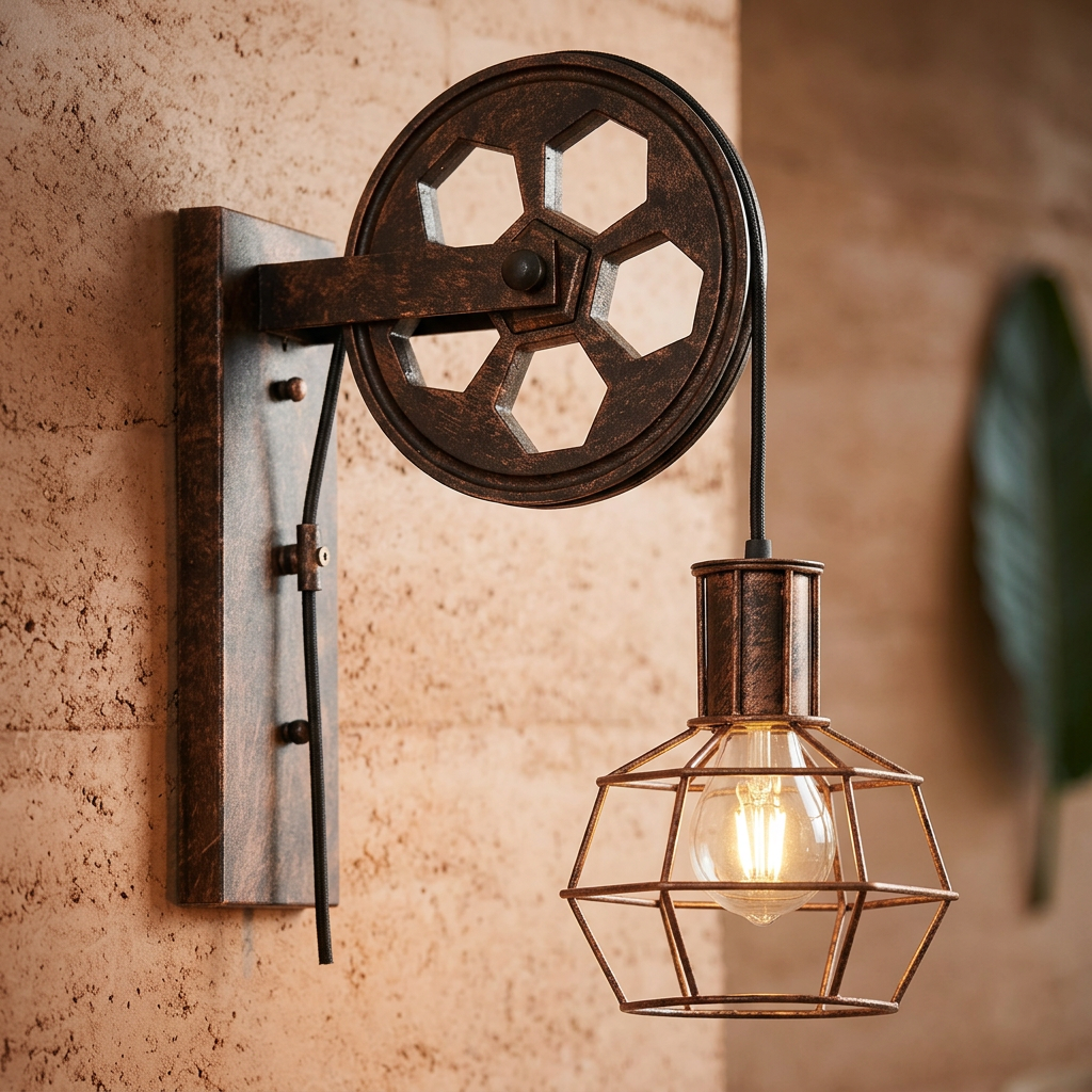 Aplique de pared con polea de hierro y acento de rueda