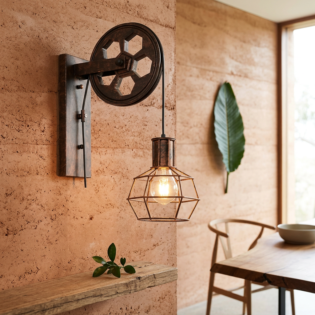 Aplique de pared con polea de hierro y acento de rueda
