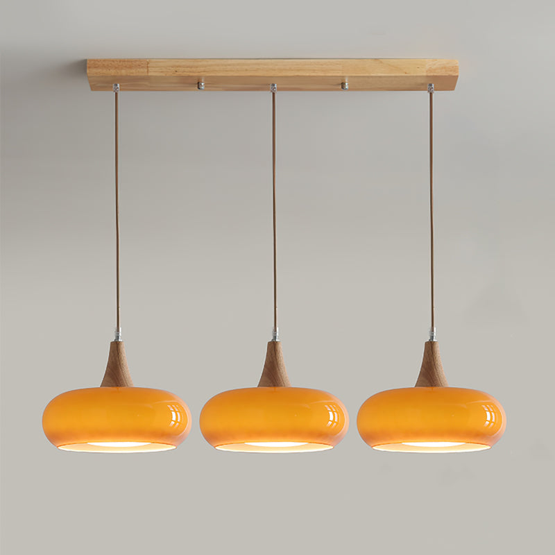 Iluminación Colgante de Cocina Luz Colgante de Vidrio Ámbar y Madera