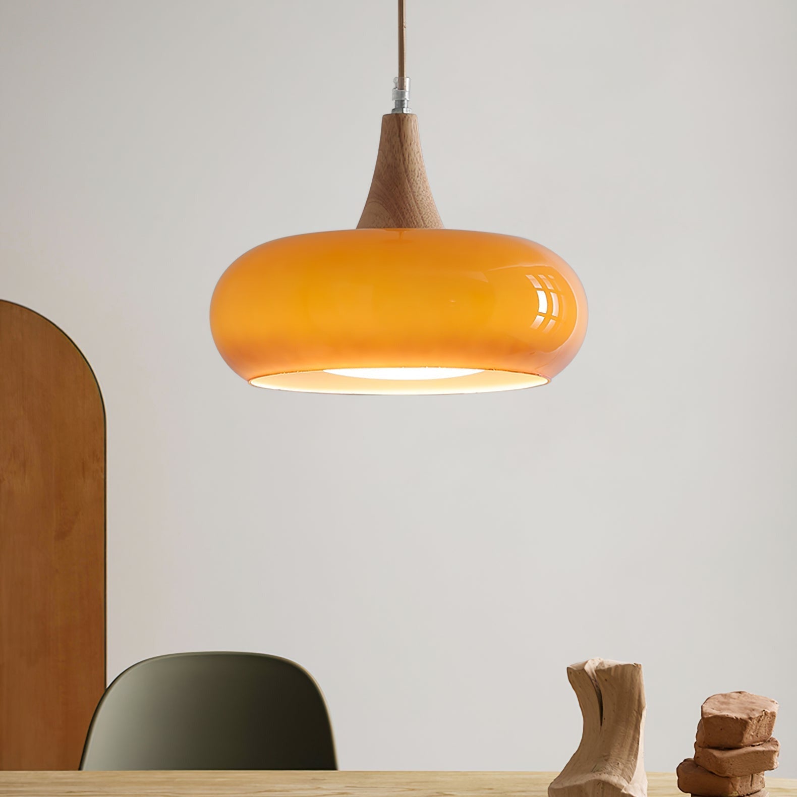 Iluminación Colgante de Cocina Luz Colgante de Vidrio Ámbar y Madera
