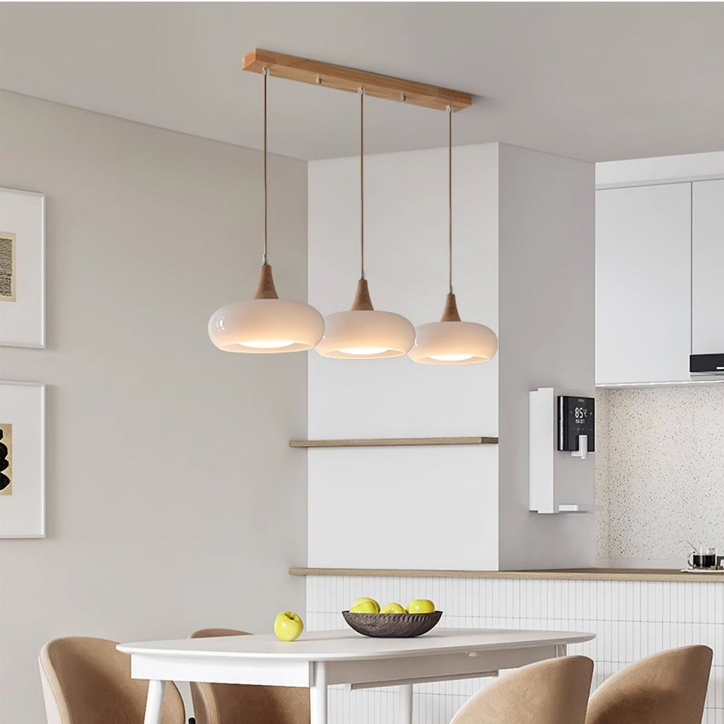 Iluminación Colgante de Cocina Luz Colgante de Vidrio Ámbar y Madera