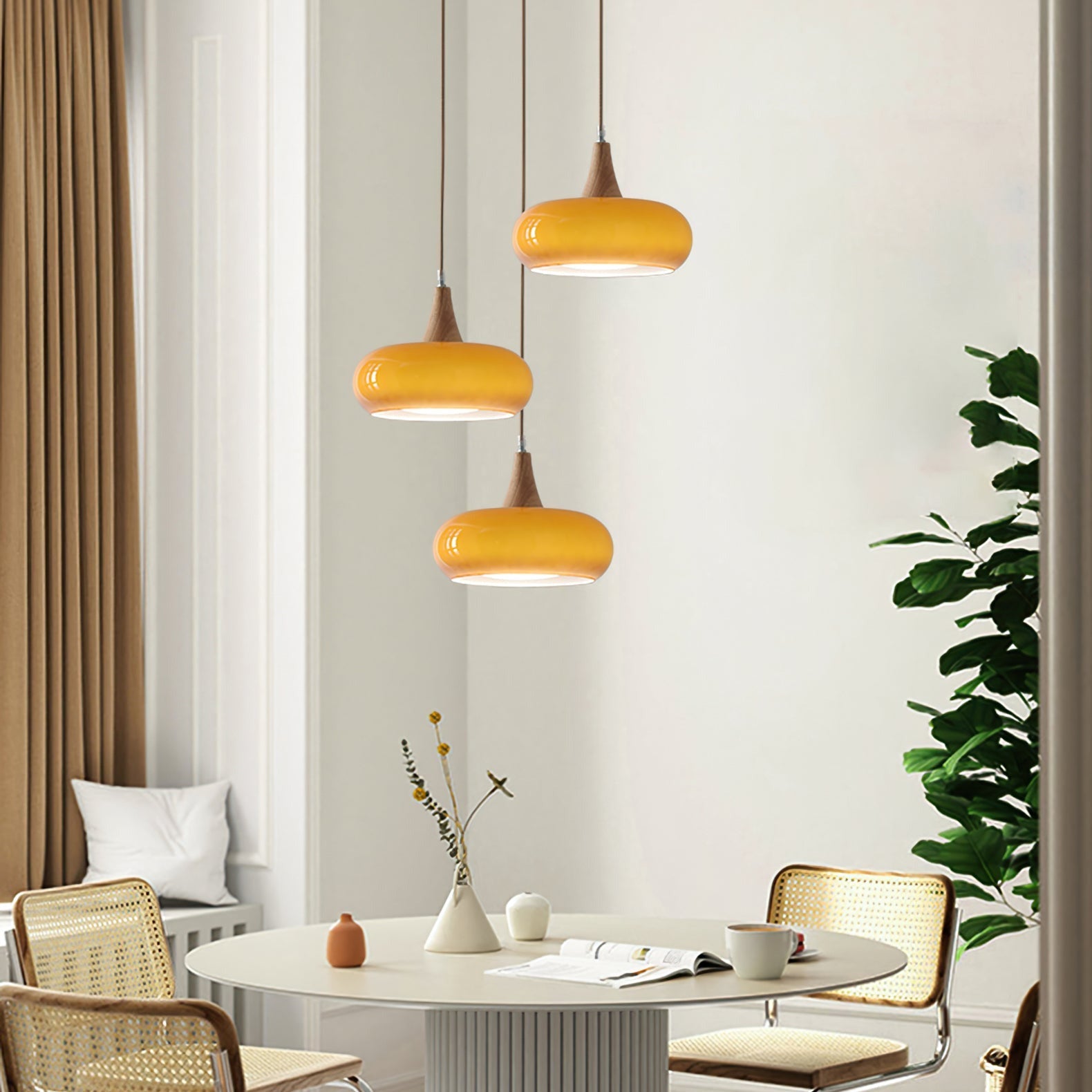 Iluminación Colgante de Cocina Luz Colgante de Vidrio Ámbar y Madera