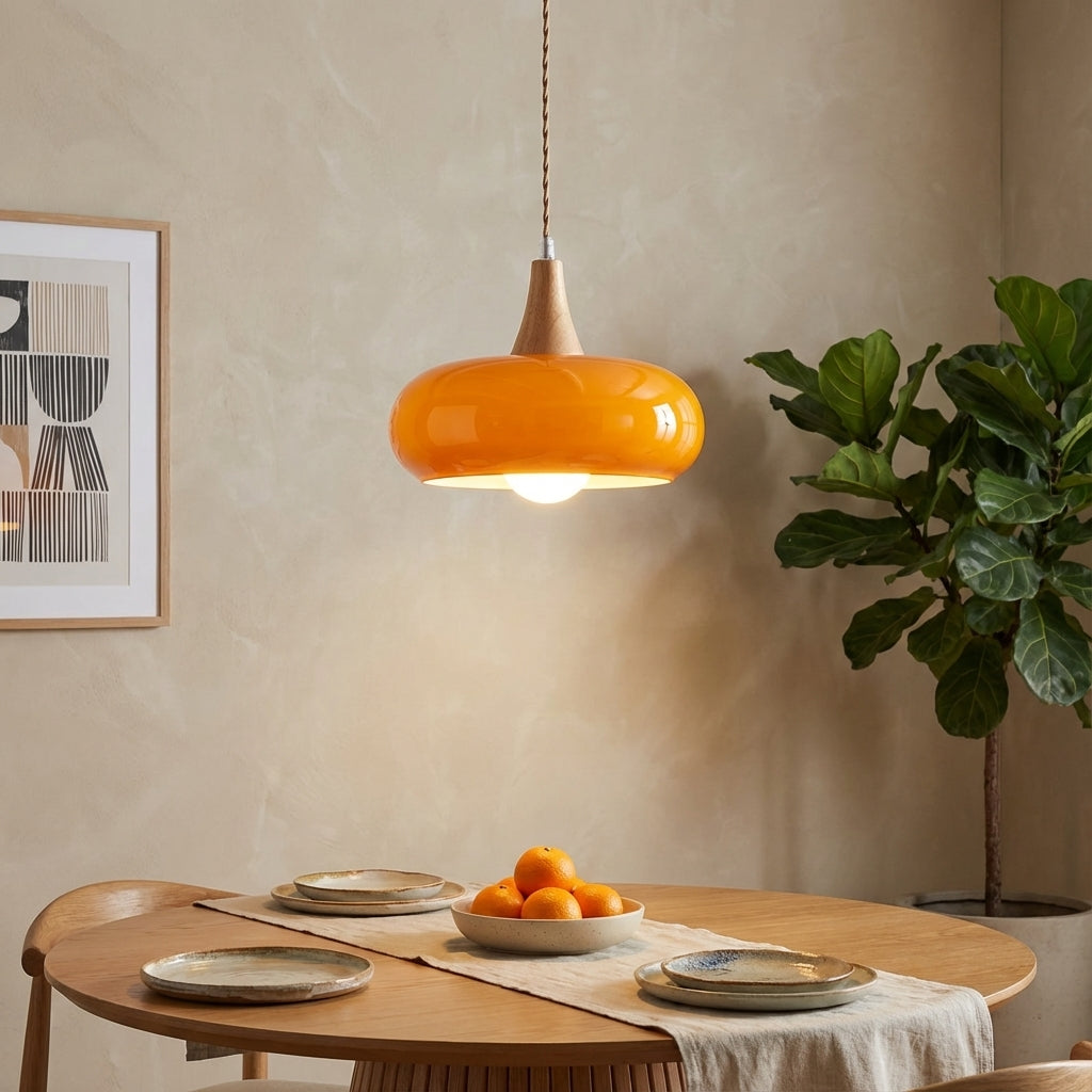 Iluminación Colgante de Cocina Luz Colgante de Vidrio Ámbar y Madera