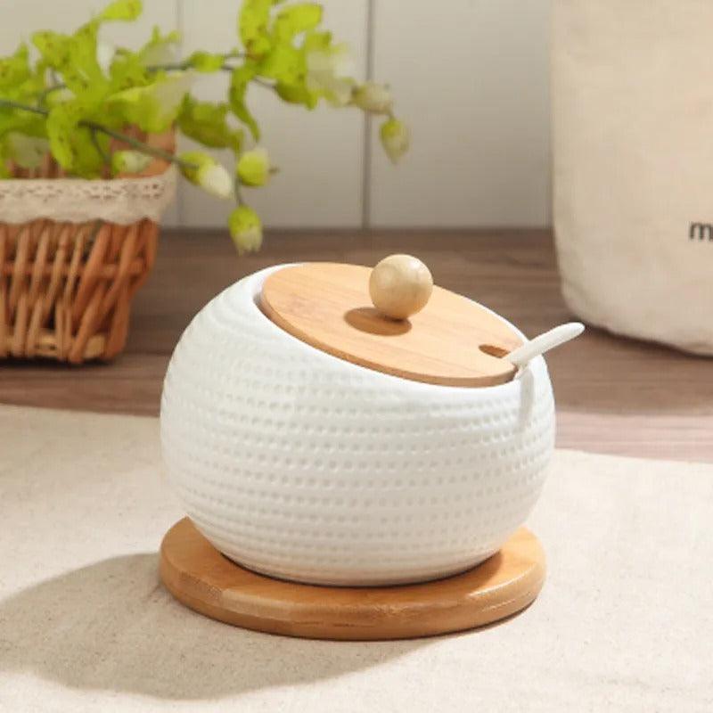Elara Haus Moderno Tazón de Azúcar de Cerámica con Relieve y Tapa de Bambú