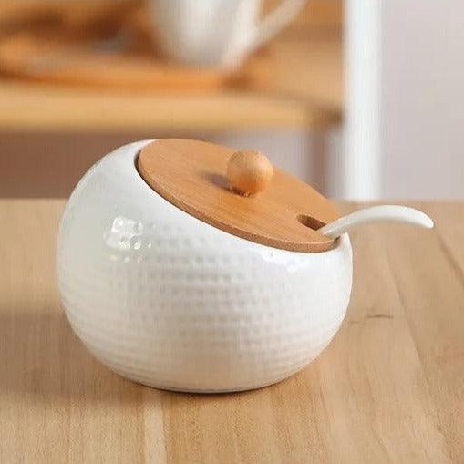 Elara Haus Moderno Tazón de Azúcar de Cerámica con Relieve y Tapa de Bambú
