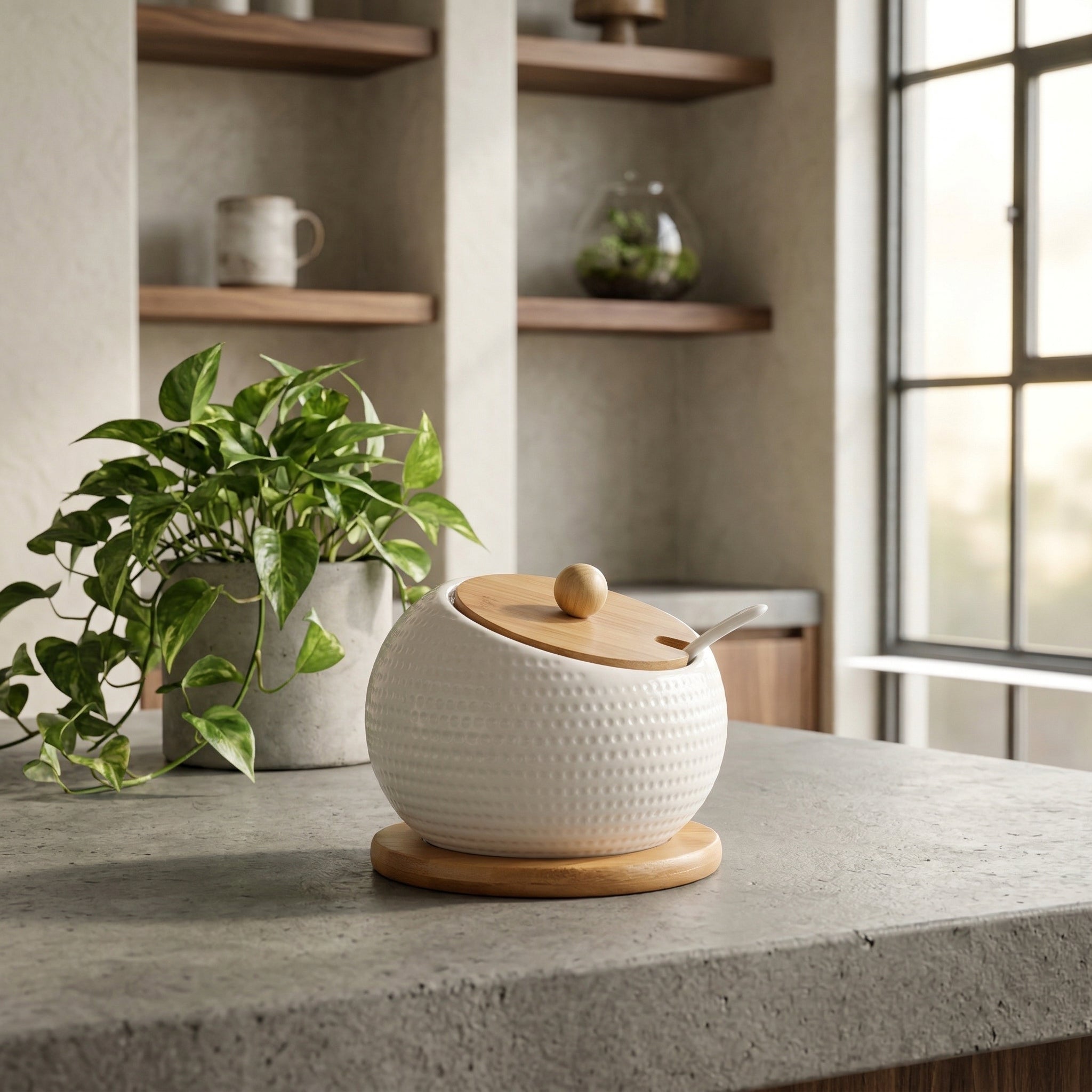Elara Haus Moderno Tazón de Azúcar de Cerámica con Relieve y Tapa de Bambú