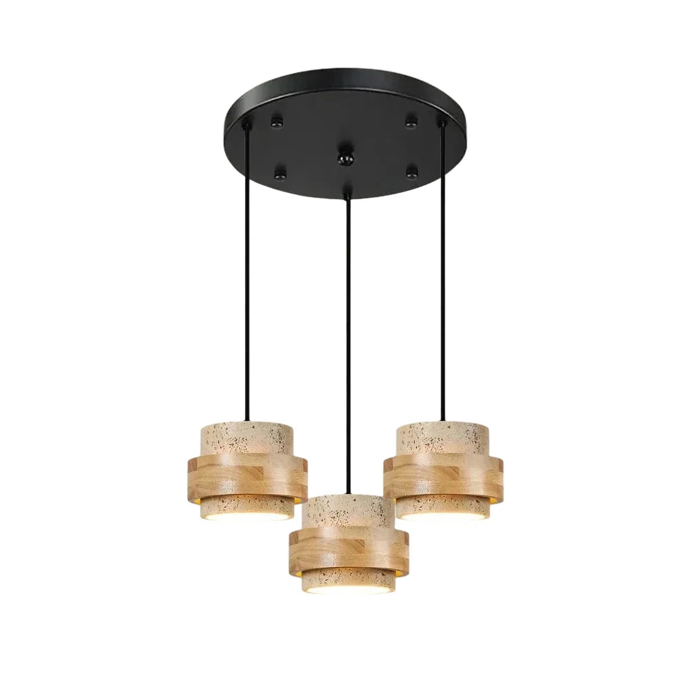 Lámpara de Techo con Pendant de Piedra Perforada y Acento de Anillo de Madera Concéntrico