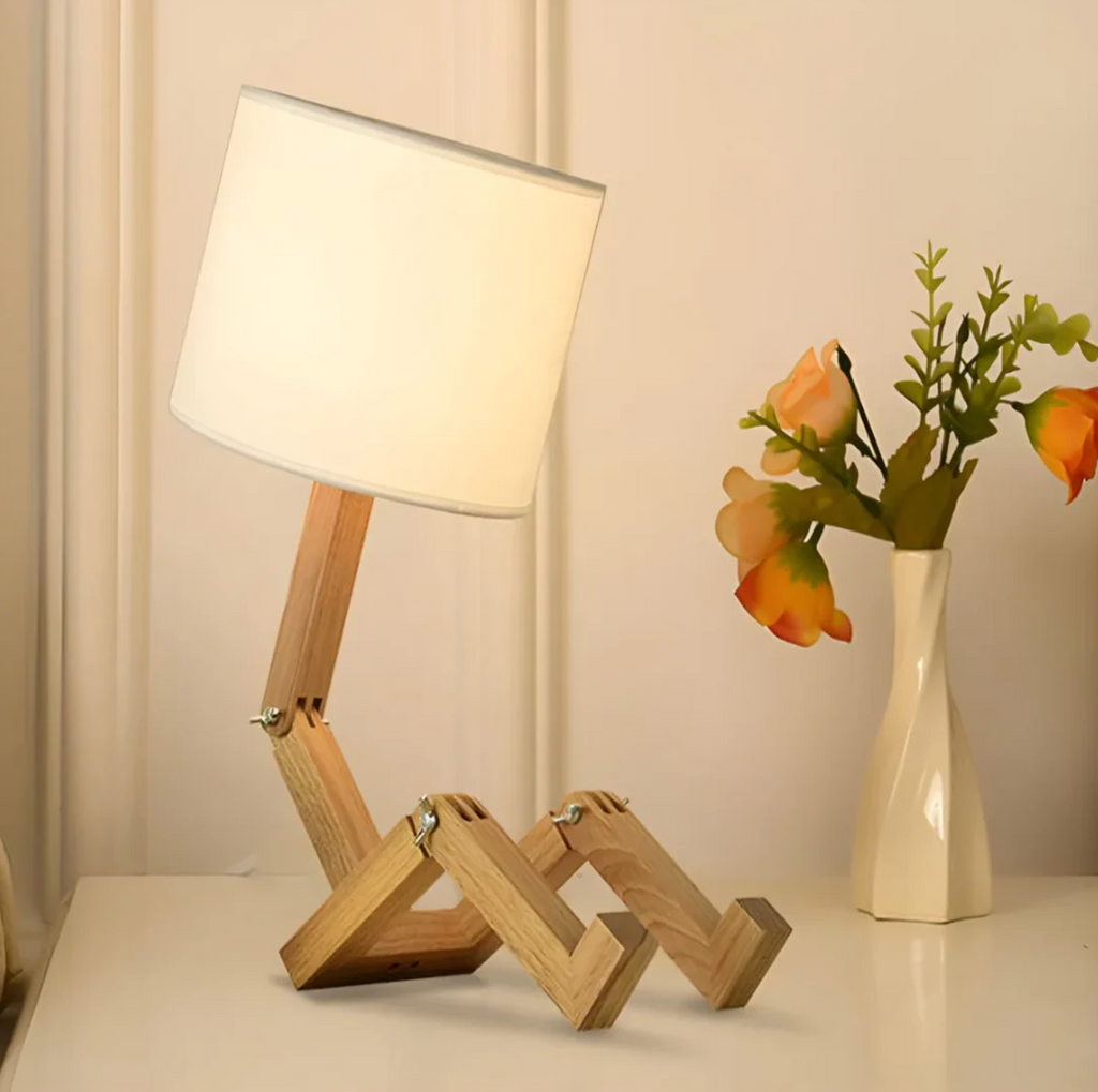 Lámpara de Mesa de Maniquí de Madera Poseable con Pantalla de Tela