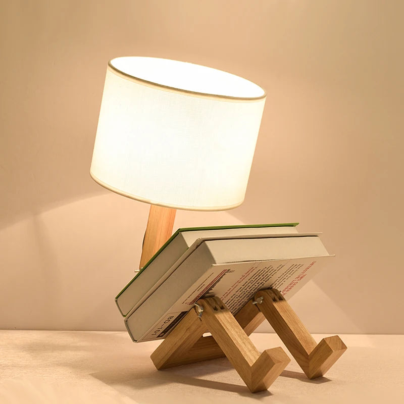 Lámpara de Mesa de Maniquí de Madera Poseable con Pantalla de Tela