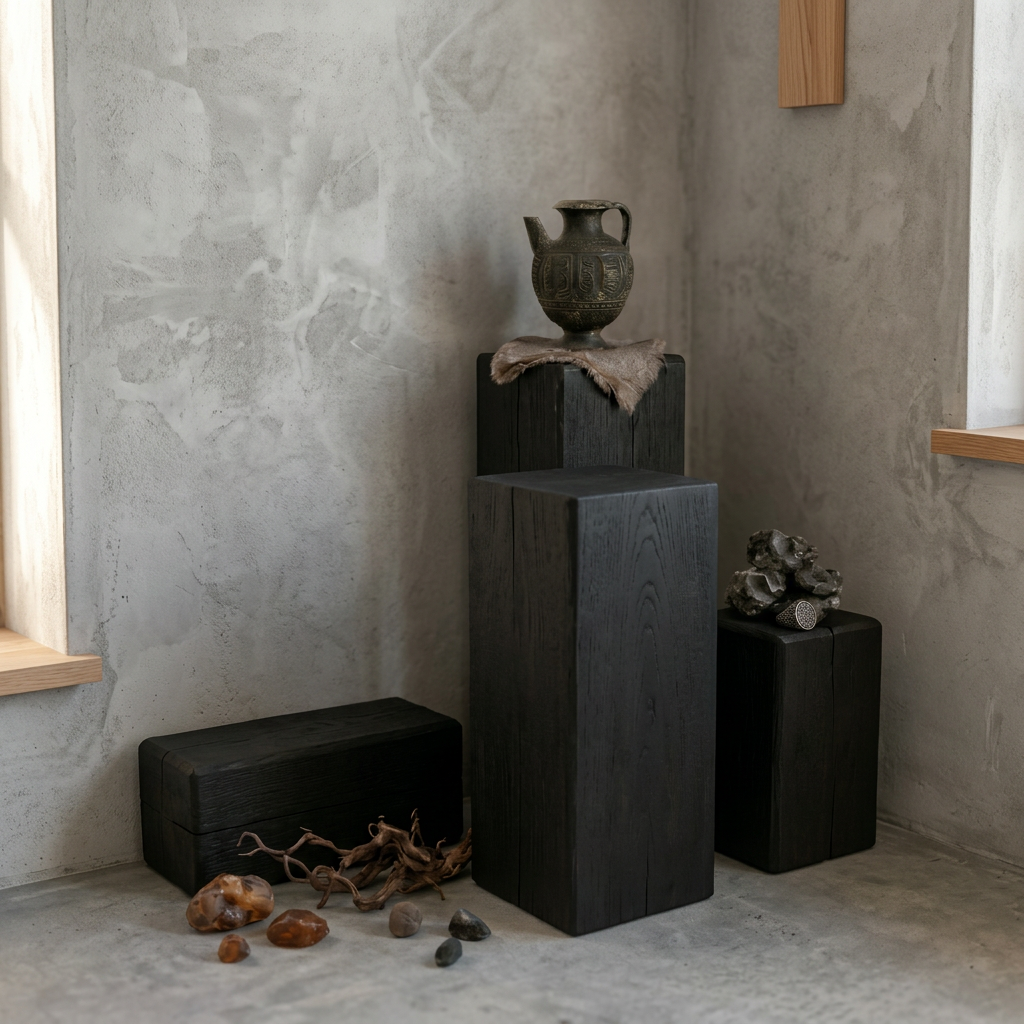 Soporte Pedestal Escultural de Madera Carbonizada Elara Haus