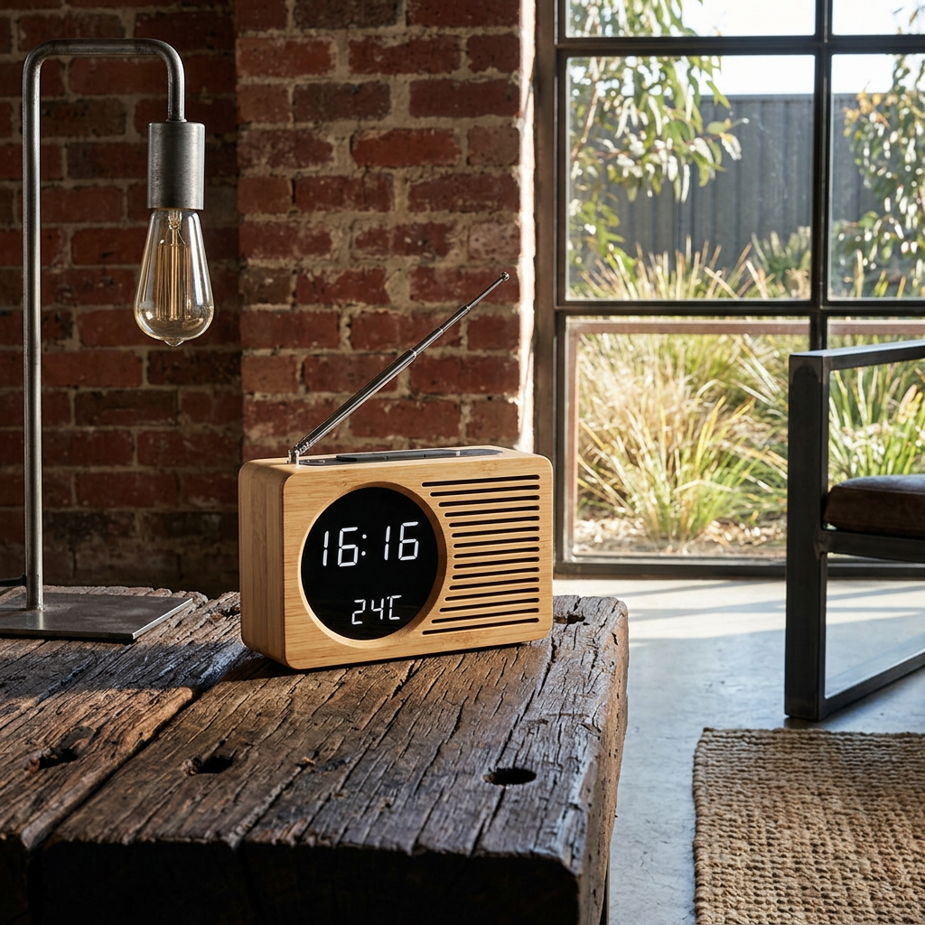 Reloj de Mesa de Madera Estilo Nórdico con Sintonizador de Radio FM