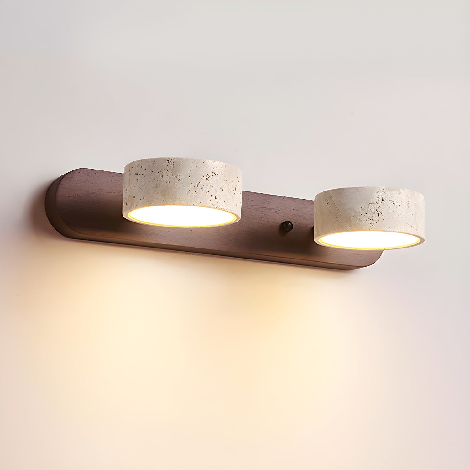 Aplique Doble  de Travertino – Luz de Pared de Piedra Caliza Pitted y Nogal