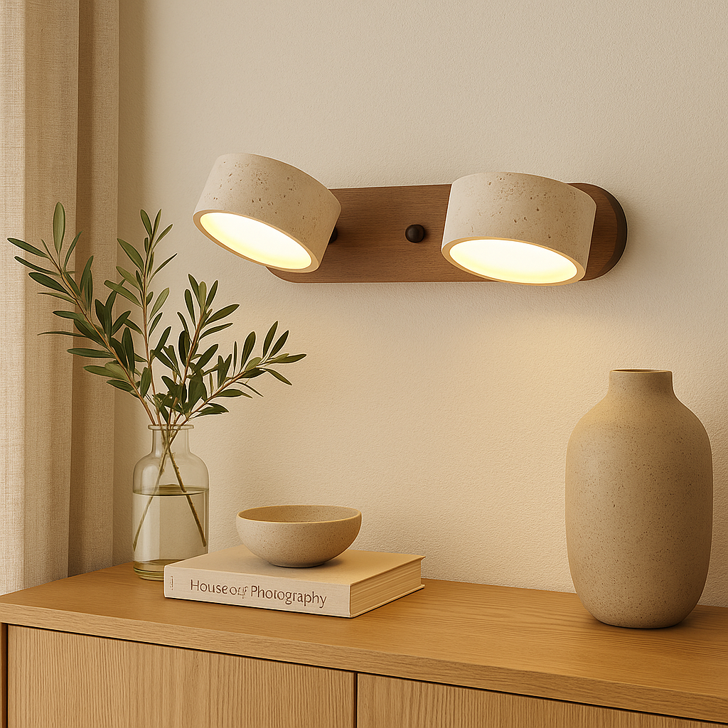 Aplique Doble  de Travertino – Luz de Pared de Piedra Caliza Pitted y Nogal