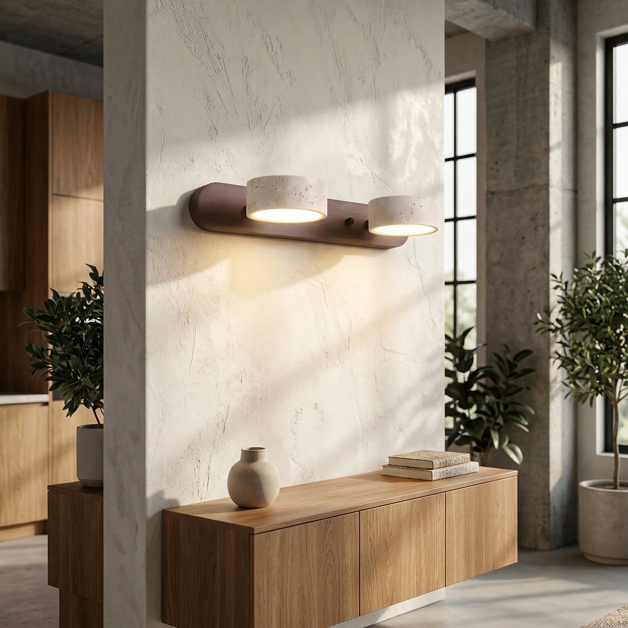 Aplique Doble  de Travertino – Luz de Pared de Piedra Caliza Pitted y Nogal