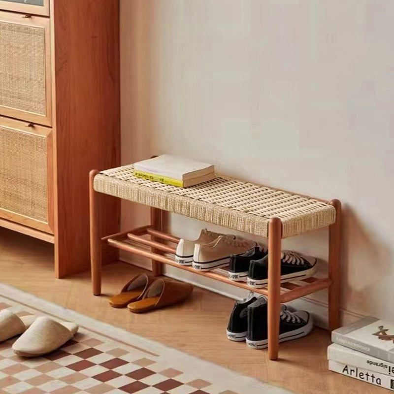 Banca Japonesa Elegante - Diseño de Cuero de Vaca Trenzado y Madera de Cereza para el Vestíbulo