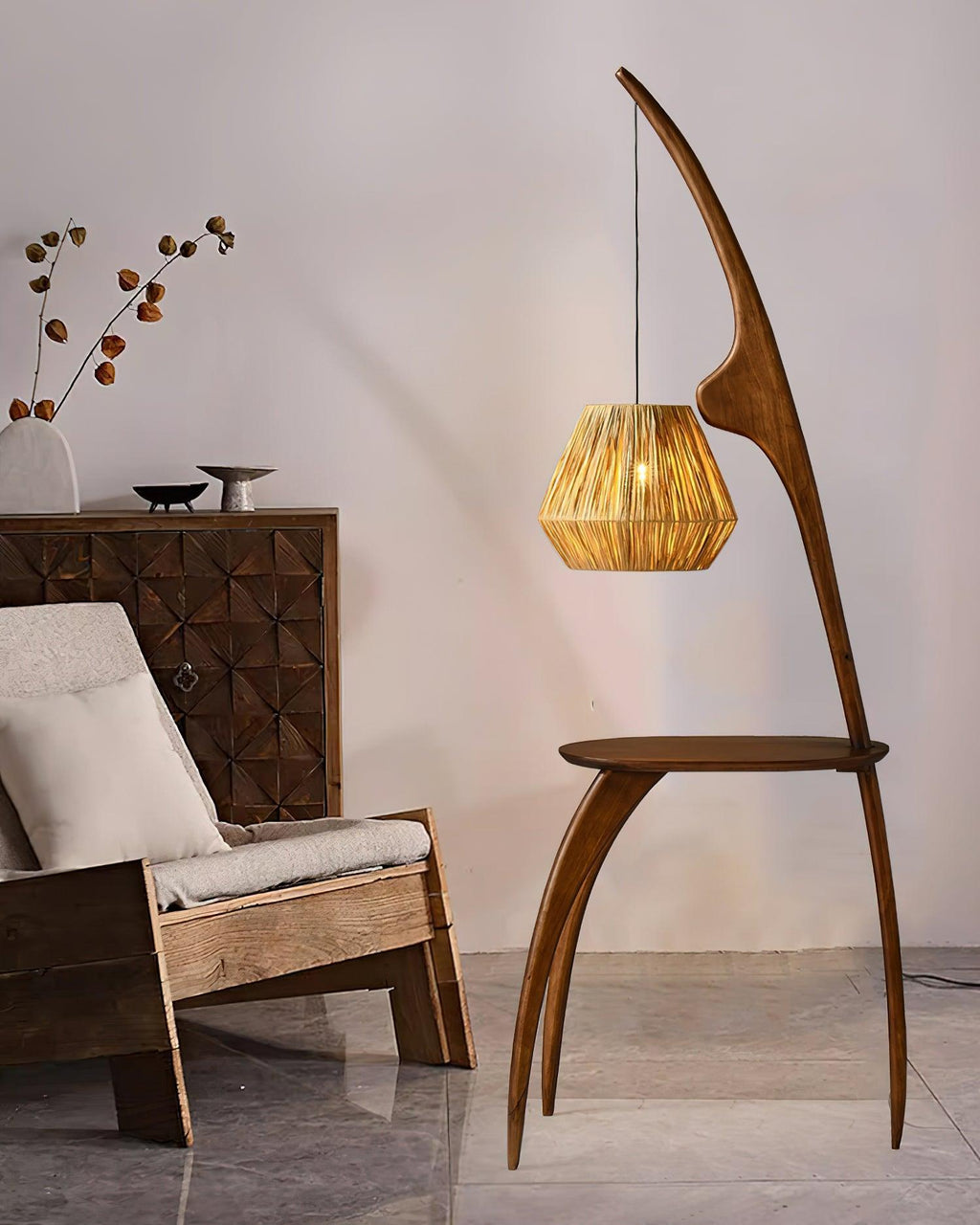 Lámpara de Pie Minimalista Elegante con Pantalla de Madera Natural y Ratán