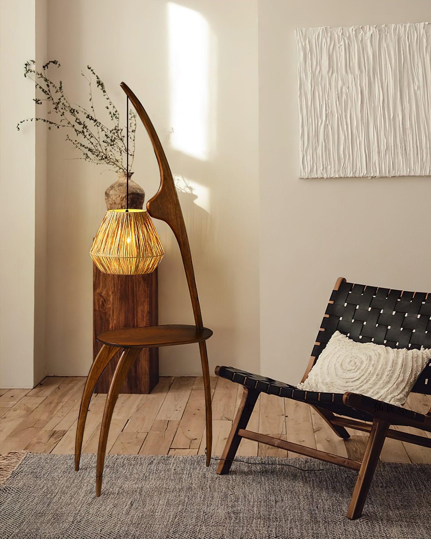 Lámpara de Pie Minimalista Elegante con Pantalla de Madera Natural y Ratán