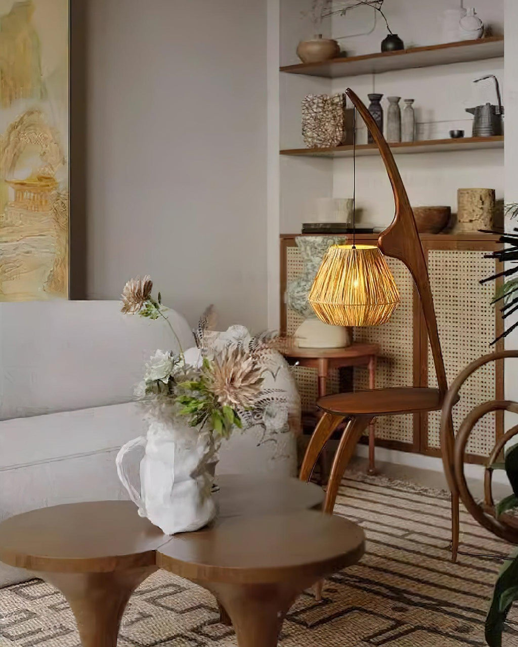 Lámpara de Pie Minimalista Elegante con Pantalla de Madera Natural y Ratán