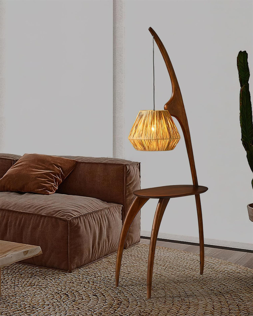 Lámpara de Pie Minimalista Elegante con Pantalla de Madera Natural y Ratán
