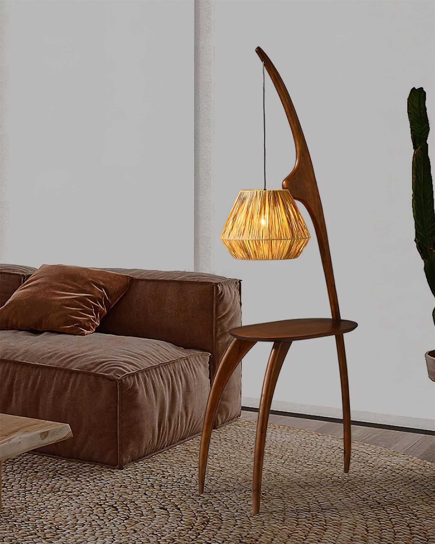 Lámpara de Pie Minimalista Elegante con Pantalla de Madera Natural y Ratán