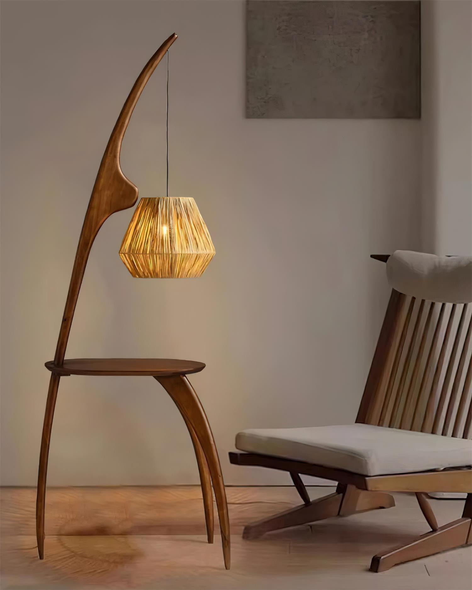 Lámpara de Pie Minimalista Elegante con Pantalla de Madera Natural y Ratán