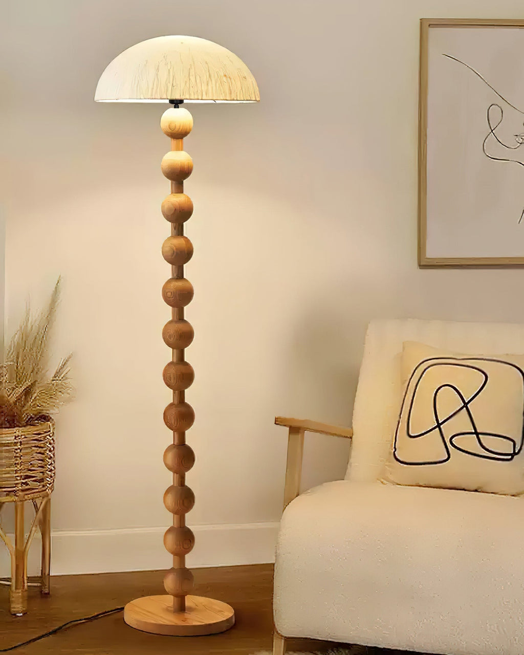 Lámpara de Pie de Perlas de Madera Elegante - Diseño Moderno con Pantalla de Papel de Arroz para Sala de Estar