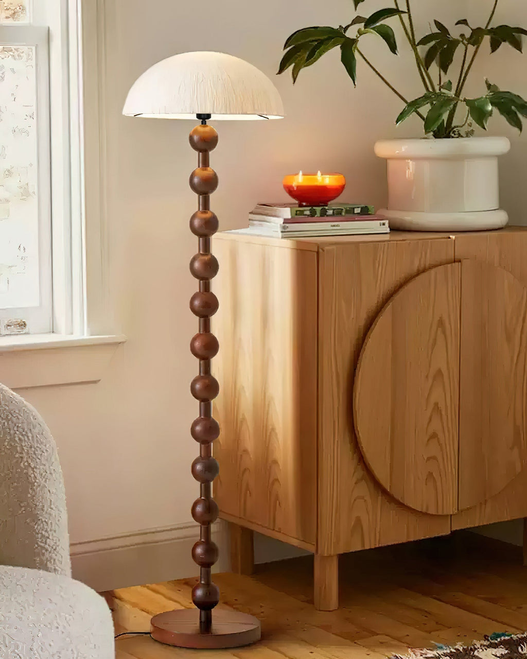 Lámpara de Pie de Perlas de Madera Elegante - Diseño Moderno con Pantalla de Papel de Arroz para Sala de Estar