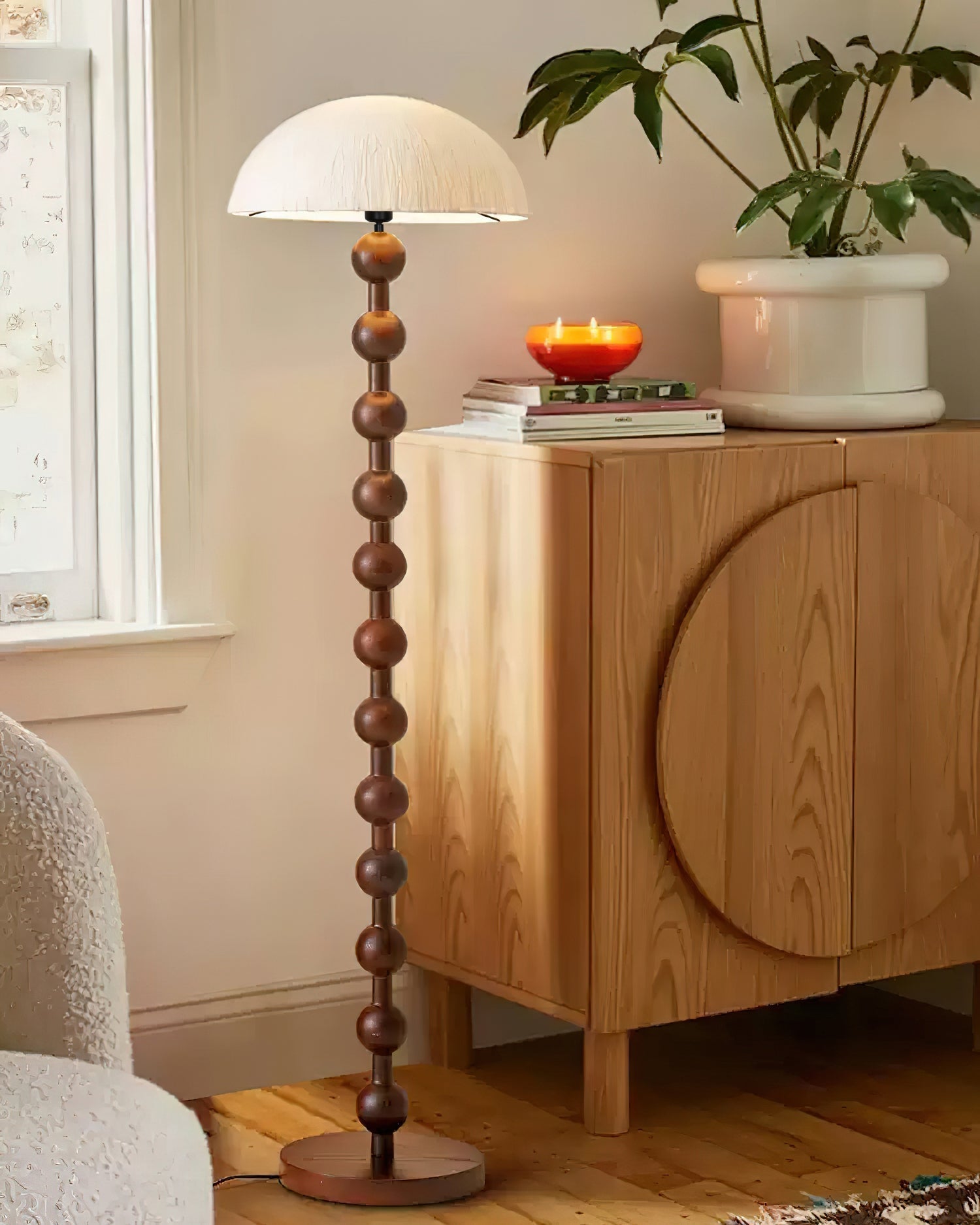 Lámpara de Pie de Perlas de Madera Elegante - Diseño Moderno con Pantalla de Papel de Arroz para Sala de Estar