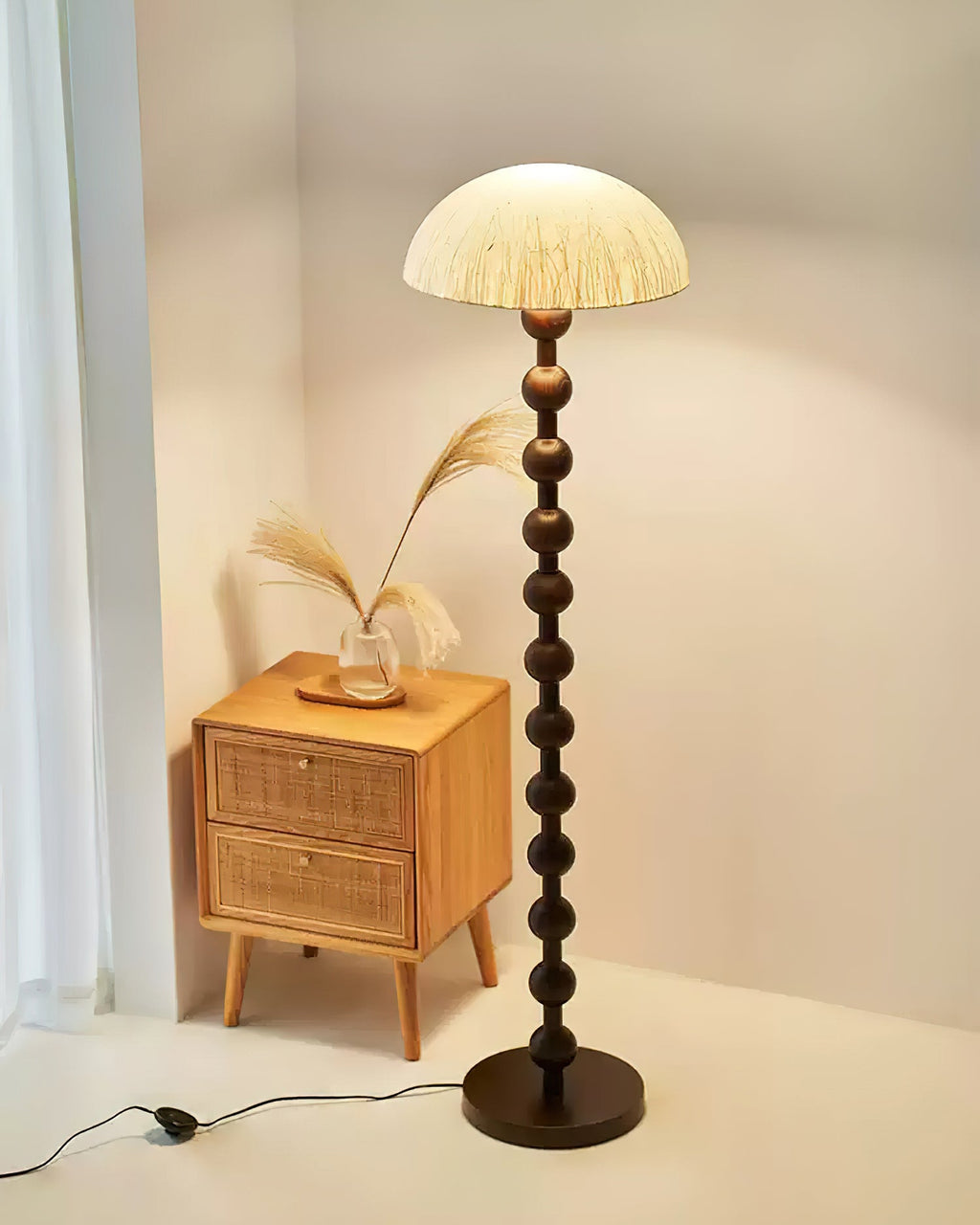 Lámpara de Pie de Perlas de Madera Elegante - Diseño Moderno con Pantalla de Papel de Arroz para Sala de Estar