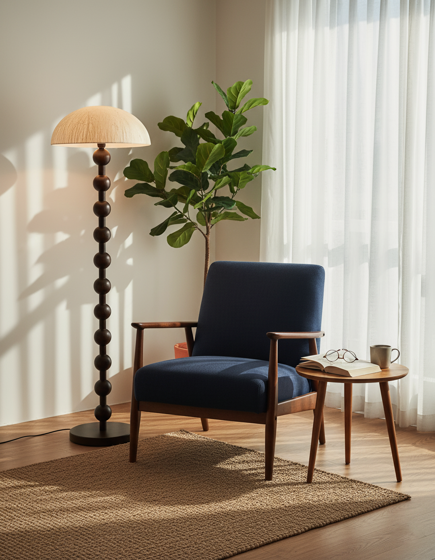 Lámpara de Pie de Perlas de Madera Elegante - Diseño Moderno con Pantalla de Papel de Arroz para Sala de Estar