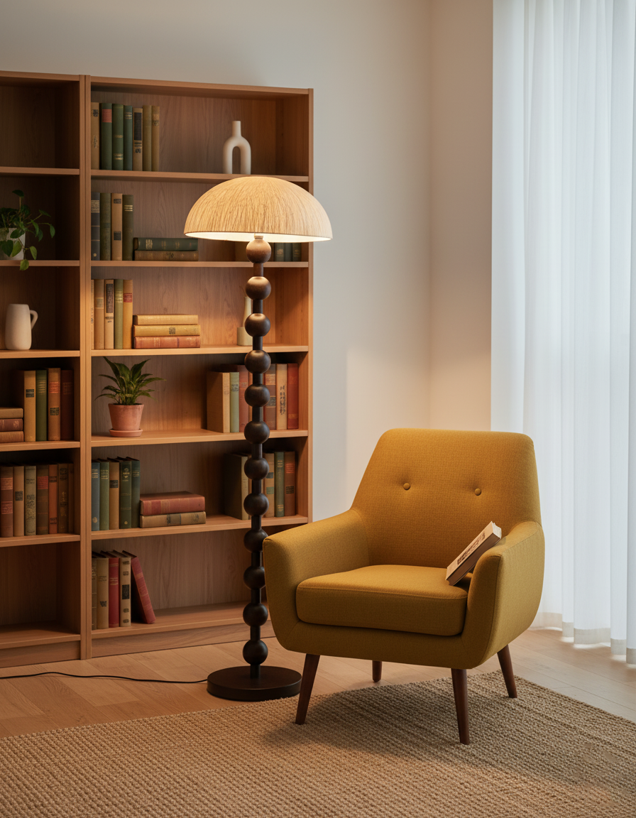 Lámpara de Pie de Perlas de Madera Elegante - Diseño Moderno con Pantalla de Papel de Arroz para Sala de Estar