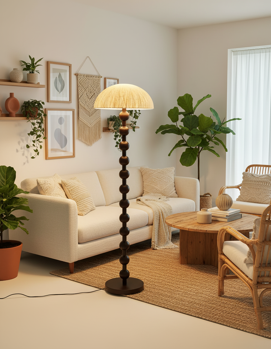 Lámpara de Pie de Perlas de Madera Elegante - Diseño Moderno con Pantalla de Papel de Arroz para Sala de Estar