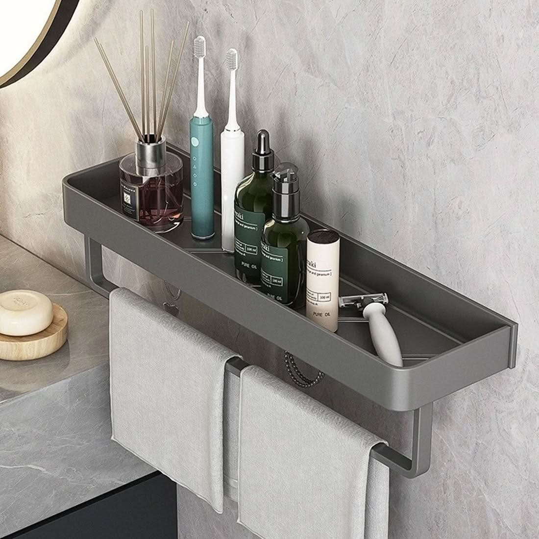 AQUASHELF – Estantería de pared elegante para el baño con soporte para toallas y montaje sin perforación