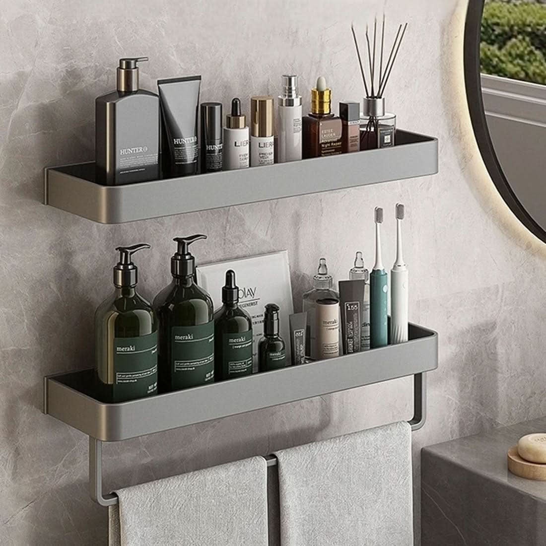 AQUASHELF – Estantería de pared elegante para el baño con soporte para toallas y montaje sin perforación