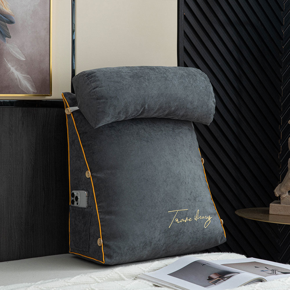 Almohada ergonómica para leer con soporte para el cuello y bolsillo lateral – suave almohada de algodón y lino para sentarse en la cama