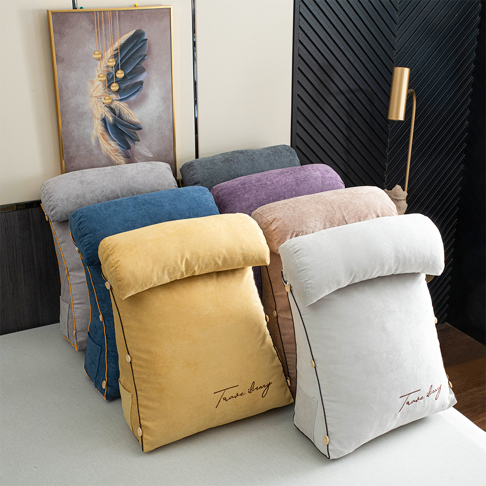 Almohada ergonómica para leer con soporte para el cuello y bolsillo lateral – suave almohada de algodón y lino para sentarse en la cama