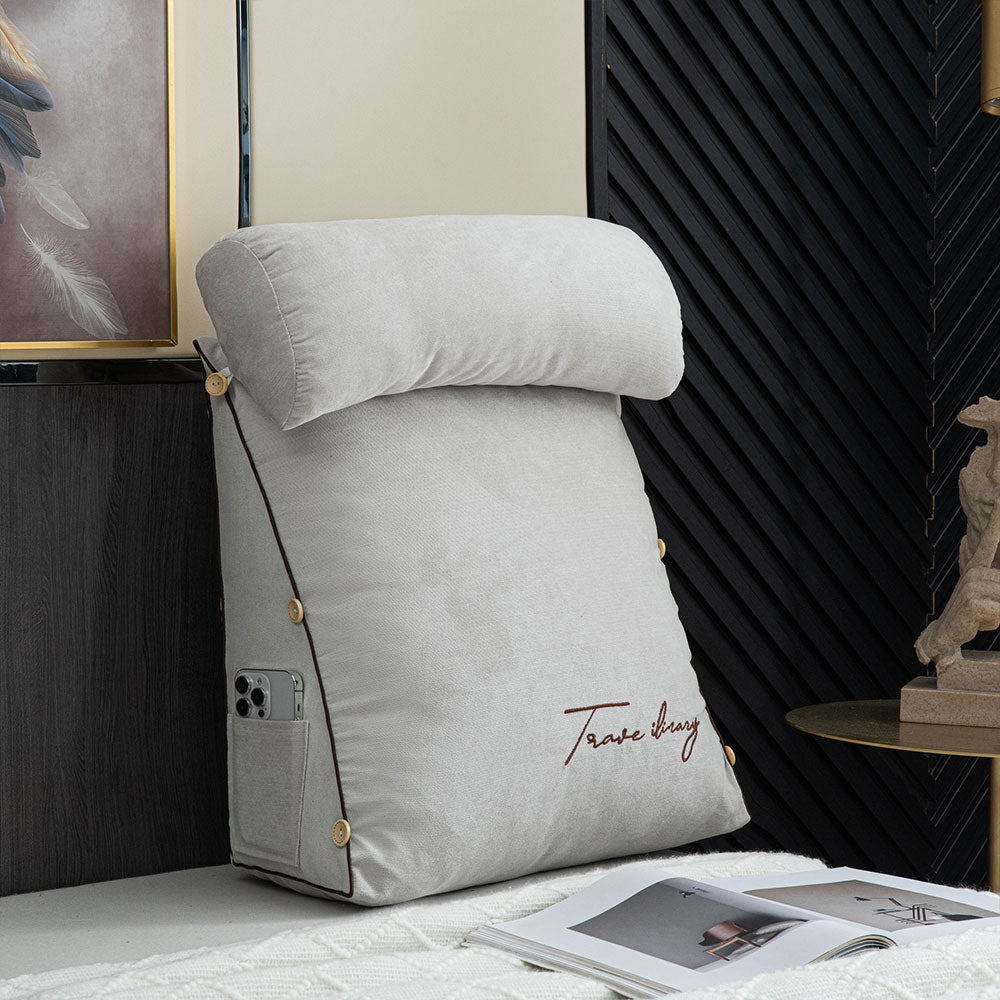 Almohada ergonómica para leer con soporte para el cuello y bolsillo lateral – suave almohada de algodón y lino para sentarse en la cama