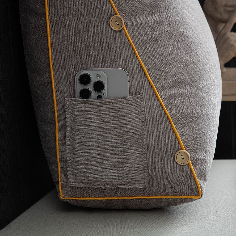 Almohada ergonómica para leer con soporte para el cuello y bolsillo lateral – suave almohada de algodón y lino para sentarse en la cama