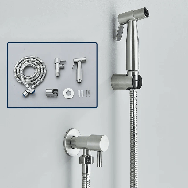 Bidet Manual Ergonómico Premium con Presión de Agua Ajustable – Plateado y Negro, Acero Inoxidable y ABS