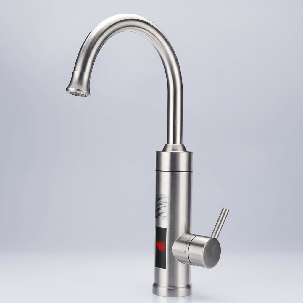 Grifo de cocina eléctrico con calentador de paso integrado | Sistema de calefacción rápida de 3000W | Acabado en acero inoxidable | Pantalla digital de temperatura | Tecnología de agua caliente instantánea