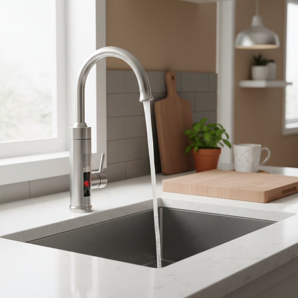 Grifo de cocina eléctrico con calentador de paso integrado | Sistema de calefacción rápida de 3000W | Acabado en acero inoxidable | Pantalla digital de temperatura | Tecnología de agua caliente instantánea