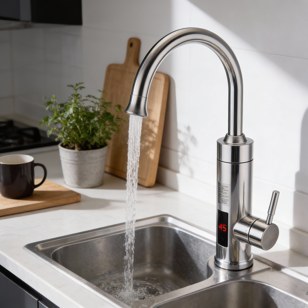 Grifo de cocina eléctrico con calentador de paso integrado | Sistema de calefacción rápida de 3000W | Acabado en acero inoxidable | Pantalla digital de temperatura | Tecnología de agua caliente instantánea